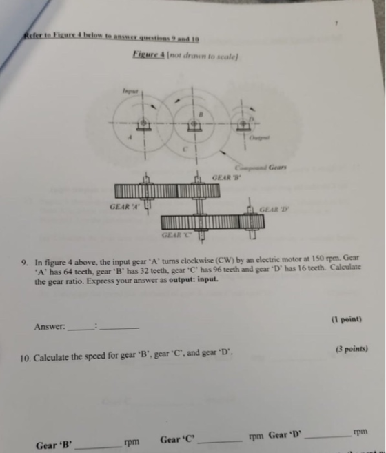 Eigure & Inot dronen to scale Input Compoond Gears L GEAR B GEAR A GEAR D GEARで 9. In figure 4 above, the input gear A tur