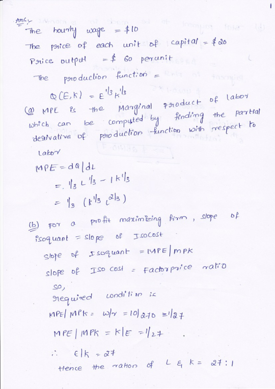The hourly uage = ID 가e P91ice of each unit of capital-tao Ps ice output 60 per unit the Pso duction functi uc of laboy Aindimg the Parrtial ed ohfch can be Comput deatv ative o f io duchon Rinction oh mespect a soguant Slope T.coCost So)