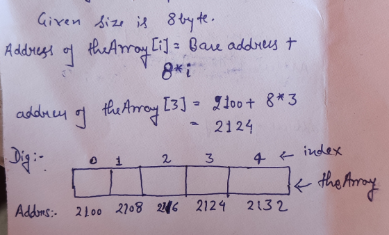8 by te. Given size is Address [i] = Bare address & 8*1 of the Array addrey g the Arrey 3) - 2100+ 8*3 2124 0 1 2 3 4 t index