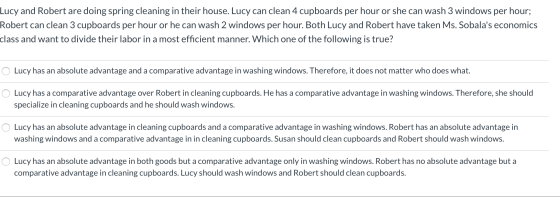 Lucy and Robert are doing spring cleaning in their house. Lucy can clean 4 cupboards per hour or she can wash 3 windows per h