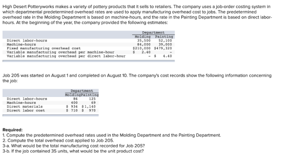 High Desert Potteryworks makes a variety of pottery products that it sells to retailers. The company uses a job-order costing