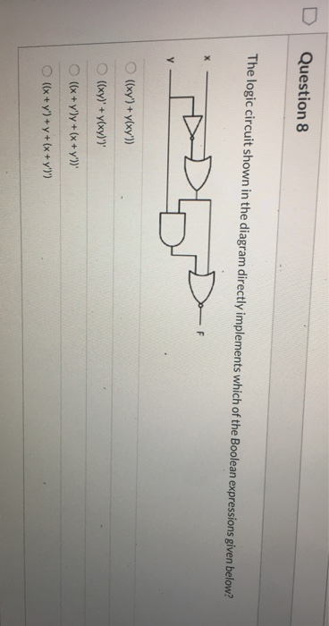 Question 8 The logic circuit shown in the diagram directly implements which of the Boolean expressions given below? x F D y O