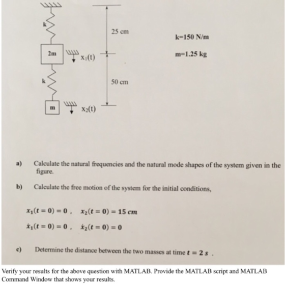 25 cm k-150 N/m 2m m= 1.25 kg 50 cm x2(t) Calculate the natural frequencies and the natural mode shapes of the system given in the figure. a) b) Caleulate the free motion of the system for the initial conditions, x1(t = 0) = 0 , x2(t = 0) = 15 cm e) Determine the distance between the two masses at time t-2s Verify your results for the above question with MATLAB. Provide the MATLAB script and MATLAB Command Window that shows your results.