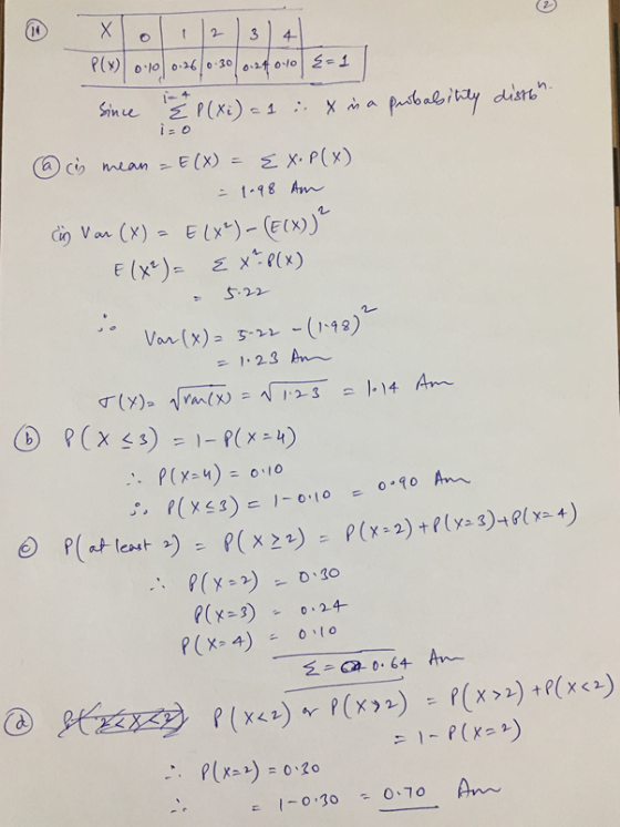 @ Xo1|2|34| P(x) 0.10 0.26/0.30 0.24 010 {= since & P(Xi) = 1 : x is a probability dissbr. @ is mean = E(X) = {X. P(X) = 1.98