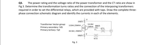 Q3. The power rating and the voltage ratio of the power transformer and the CT ratio are show in Fig 3. Determine the transfo