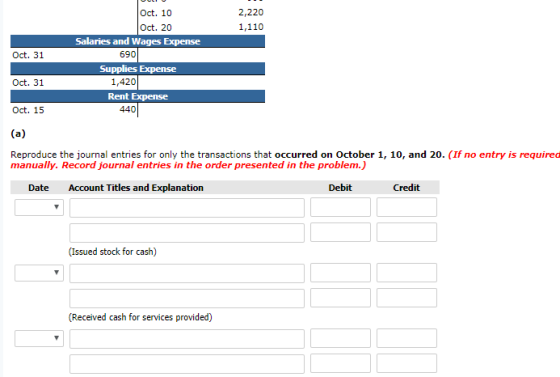 болсо 2,220 1,110 Oct. 31 Oct. 10 Oct. 20 Salaries and Wages Expense 690 Supplies Expense 1,420 Rent Expense Oct. 31 Oct. 15
