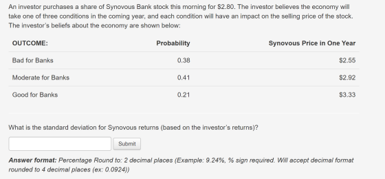 An investor purchases a share of Synovous Bank stock this morning for $2.80. The investor believes the economy will take one
