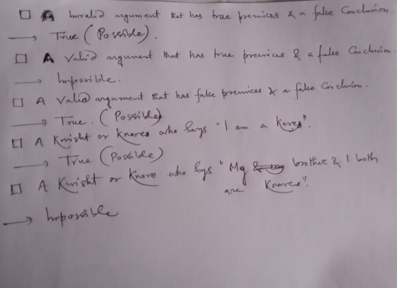 argum O A koralia ent that has true prenices & a false Conclusion True (Possible) O A Xalid argument that has true prenices &