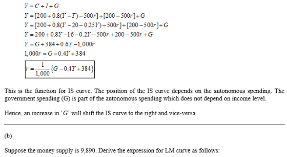 Y=C+I+G Y = [200+0.8(T-T)-500r1+[200-500r]-G =[200+0.8(1.-20-025)-500r1+[200-500r]-G = 200 + 0.8Y-16-021-500r 200-500r G 1, 000r-G-0.41. 3 84 G-04384) 1,000 This is the function for IS curve. The position of the IS curve depends on the autonomous spending. The government spending (G) is part of the autonomous spending which does not depend on income level. Hence, an increase in G will shift the IS curve to the right and vice-versa. Suppose the money supply is 9,890. Derive the expression for LM curve as follows: