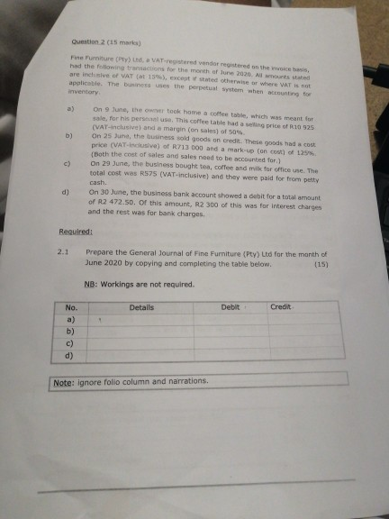 Question 2 (15 martes) Furniture (Pty), a VAT red vendor registered in the words had the following transactions for the month