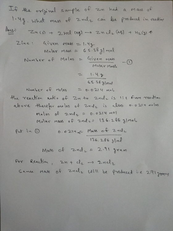If the original sample of zu had a mass of ling. What mass of anals can be produced in reactions Aus Zn(s) + 2nd lagt ancha (