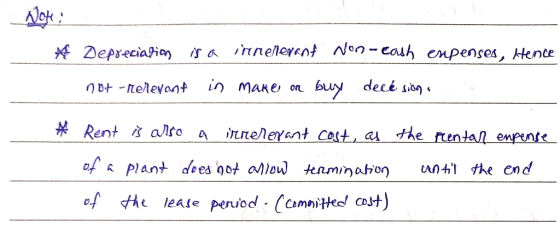 A Depreciation is a inrelevant Non-eash enpenses, Hence 007 - relevant in Make or buy decé sing a * Rent is also a irrererant
