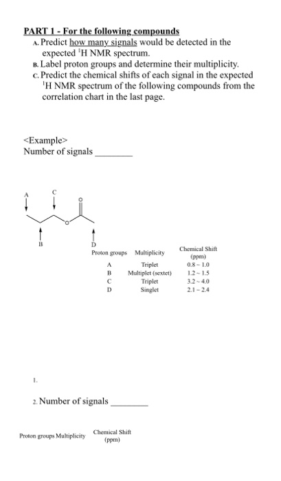 PART 1 - For the following compounds A. Predict how many signals would be detected in the expected H NMR spectrum. B. Label