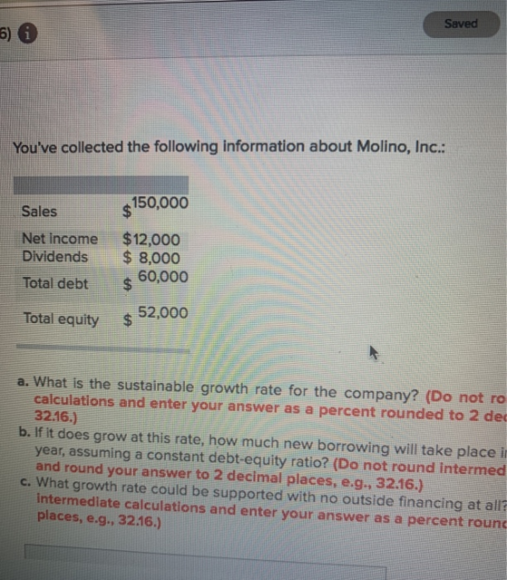 Saved Youve collected the following information about Molino, Inc.: $ 150,000 Sales Net Income Dividends Total debt $12,000
