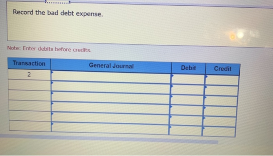 Record the bad debt expense. Note: Enter debits before credits. Transaction General Journal Debit Credit