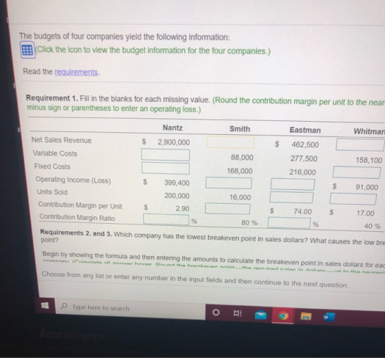 The budgets of four companies yield the following information: B Click the icon to view the budget information for the four c