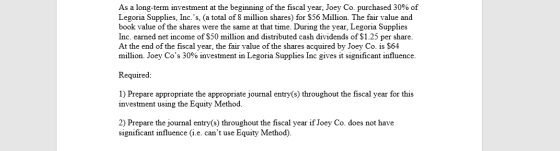 As a long-term investment at the beginning of the fiscal year, Joey Co. purchased 30% of Legoria Supplies, Inc.s, (a total o