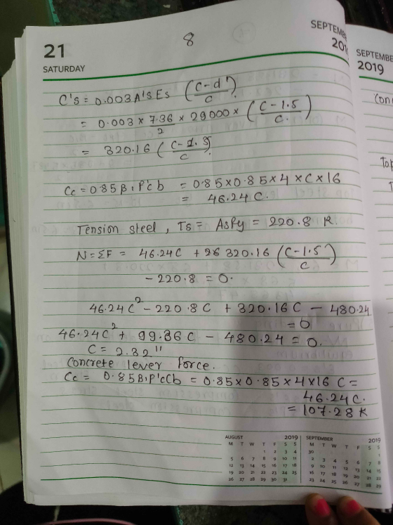 SEPTEMBE 8 21 201 SEPTEMBE SATURDAY 2019 Cs: 0.003 AS Es (crd ) Cone C-1.5 = 0.003 * 7.36 x 29 000 X 2 320:16 ( [-2.5 Tot C