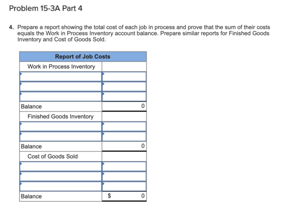 Problem 15-3A Part 4 4. Prepare a report showing the total cost of each job in process and prove that the sum of their costs