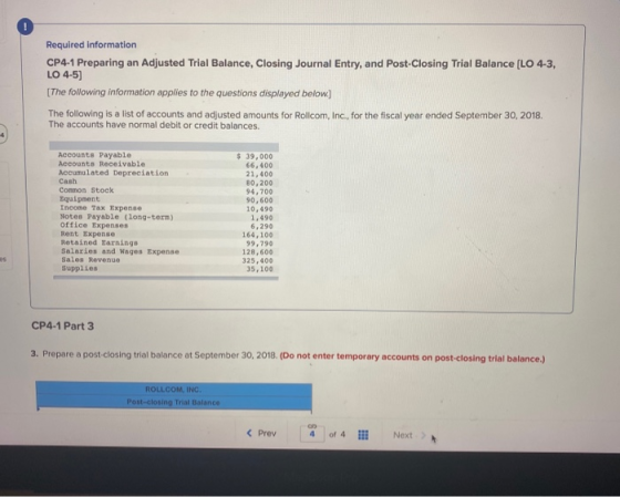 Required information CP4-1 Preparing an Adjusted Trial Balance, Closing Journal Entry, and Post-Closing Trial Balance [LO 4-3