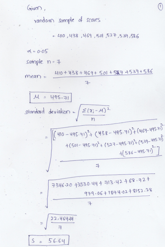 +(501-495.71)2+ (527-495-71)+(539-495.715 Given, random sample of scores - 410,438,469,501,527,539,586 &=0.05 Sample n = 7 41