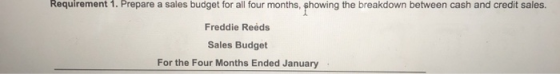 Requirement 1. Prepare a sales budget for all four months, showing the breakdown between cash and credit sales. Freddie Reeds