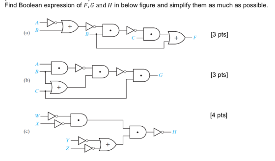 Find Boolean expression of F, G and H in below figure and simplify them as much as possible +F13 pts] [3 pts] 4 pts]