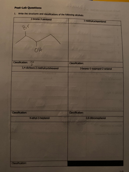 Post-Lab Questions 1. Write the structures and classifications of the following alcohols: 2-bromo-3-pentanol 1-methylcydopent
