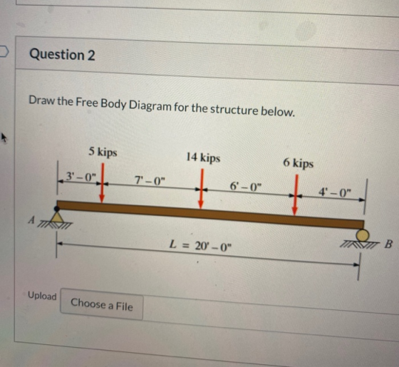 Question 2 Draw the Free Body Diagram for the structure below. 5 kips 14 kips 6 kips 3-0 7-0 + 6-0 4-0 А L = 20-0 B