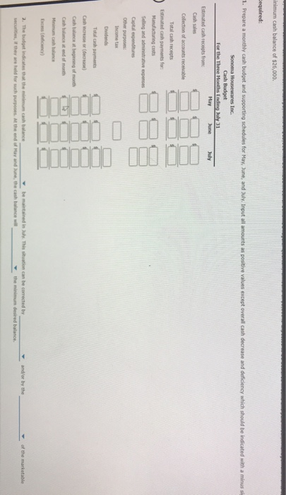 inimum cash balance of $26,000. cequired: 1. Prepare a monthly cash budget and supporting schedules for May, June, and July.