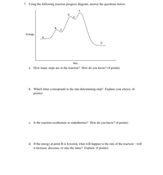 7. Using the following reaction progress diagram, answer the questions below: wiring Energy A G Rxn. a. How many steps are in