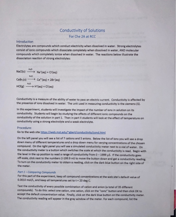 Conductivity of Solutions For Che 2A at RCC Introduction Electrolytes are compounds which conduct electricity when dissolved