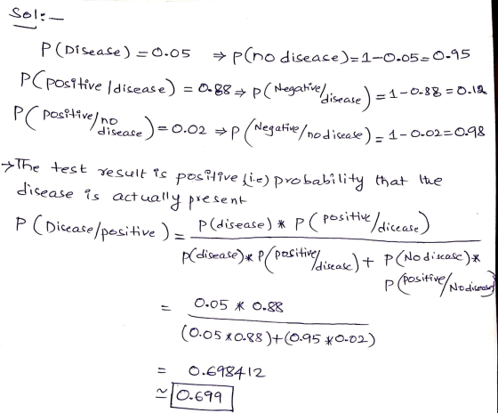 - : آSe P (Disease) = 0.05 → prno disease)-1-0.05-0-95 =1-0.88 = Oula PC positively ease) = PC positive ldisease) -)-0.01 = 0