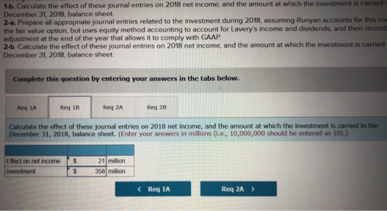 1-b. Calculate the effect of these journal entries on 2018 net income, and the amount at which the investment is carried Dece