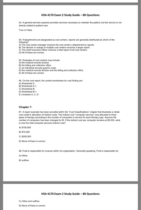 HSA 4170 Exam 2 Study Guide -80 Questions 63.A general services expense provides services necessary to maintain the patient,