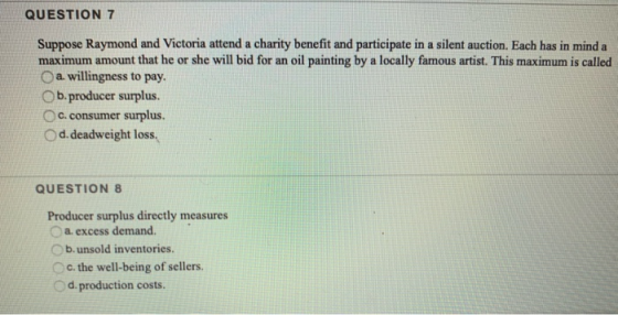 QUESTION 7 Suppose Raymond and Victoria attend a charity benefit and participate in a silent auction. Each has in mind a maxi