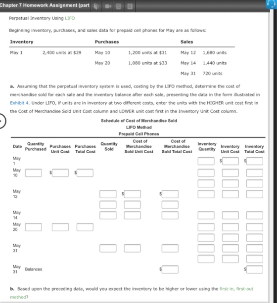 Chapter 7 Homework Assignment (part Perpetual Inventory Using LIFO Beginning inventory, purchases, and sales data for prepaid