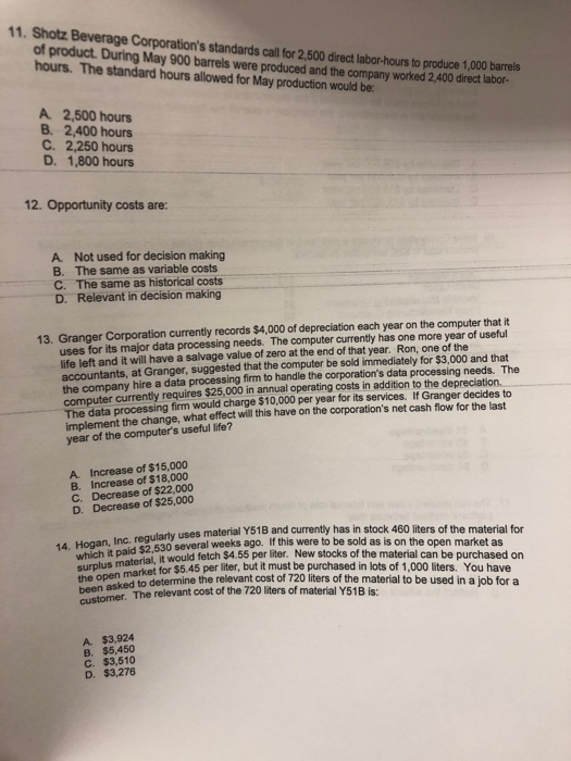 11. Shotz Beverage Corporations standards call for 2,500 direct labor-hours to produce 1,000 barrels of product. During May