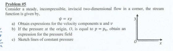 Problem #5 Consider a steady, incompressible, inviscid two-dimensional flow in a corner, the stream function is given by, -xy a) Obtain expressions for the velocity components u and v b) If the pressure at the origin, O, is equal to p o obtain an expression for the pressure field Sketch lines of constant pressure c)