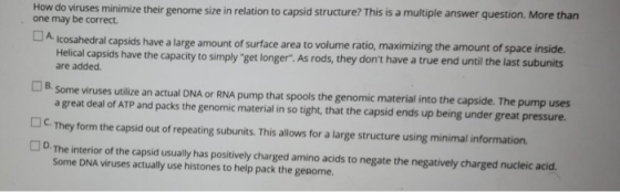 How do viruses minimize their genome size in relation to capsid structure? This is a multiple answer question. More tharn one