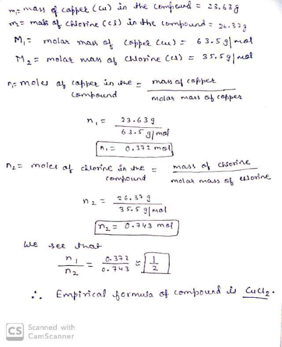 me mass of copper (w) in the compound = 23.63g m = mass of Chierine (cd) in the compound = 26.378 M, - molat mass of Coppeê c