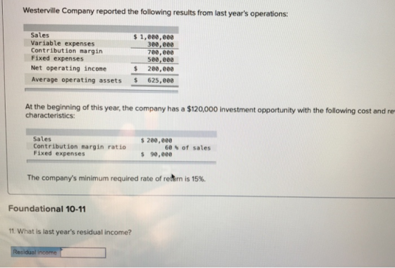 Westerville Company reported the following results from last years operations: Sales Variable expenses Contribution margin F