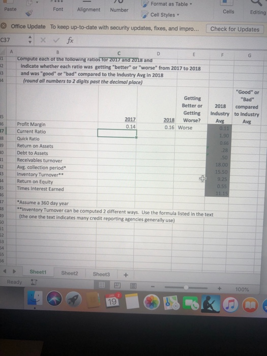 Format as Table Cell Styles Font Alignment Number Cells Editing Paste Office Update To keep up-to-date with security updates, fixes, and impro... Check for Updates ㄧ一:Compute each of the following ratio Torzomanar20s and 2indicate whether each ratio was getting better or worse from 2017 to 2018 3 and was good or bad compared to the Industry Avg in 2018 4 (round all numbers to 2 digits past the decimal place) Good or Bad Getting Better or 2018 compared Getting Industry to Industry 2018 Worse? Avg 0.16 Worse 5 Avg Profit Margin 0.14 7Current Ratio 8 Quick Ratio 9 Return on Assets 0 Debt to Assets 1 Receivables turnover 2 Avg. collection period 13 Inventory Turnover 4 Return on Equity 28 .50 18.00 15.50 Times Interest Earned 17 Assume a 360 day year 8 *Inventory Turnover can be computed 2 different ways. Use the formula listed in the text 19 (the one the text indicates many credit reporting agencies generally use) 5 56 4Sheet1 Sheet2 Sheet3+ Ready 100% 19