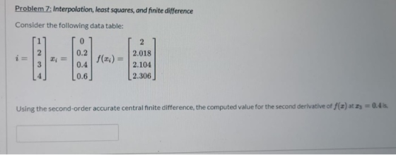 Problem 7: Interpolation, least squares, and finite difference Consider the following data table: 2= 0 0.2 0.4 L0.6 f(x) = 2