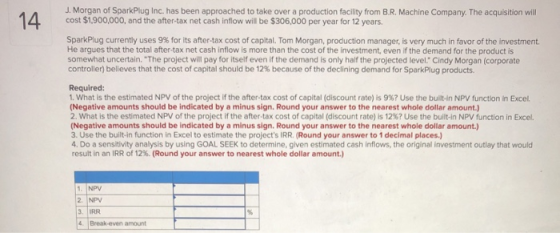 14 J. Morgan of SparkPlug Inc. has been approached to take over a production facility from B.R. Machine Company. The acquisit