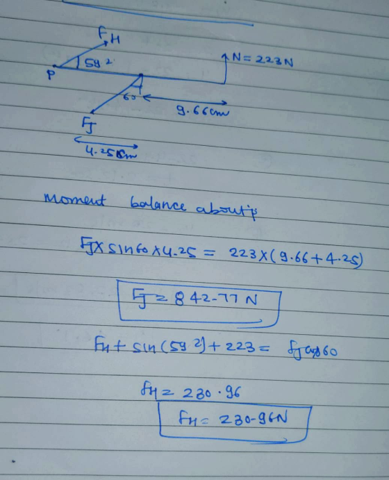 FH 1 N= 223N S9 2 P g. 66cm G 4.2518 moment balance aboute FJX sintox4.25 = 223X(9.66+4.25) 52 842-77 N fut sin (59 21+ 223=