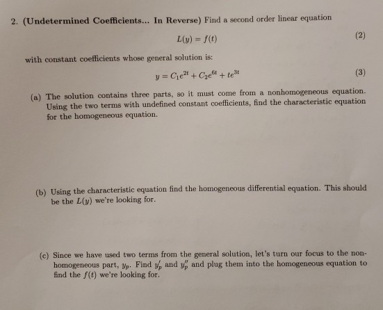2. (Undetermined Coefficients... In Reverse) Find a second order linear equation L(y) = f(0) with constant coefficients whose