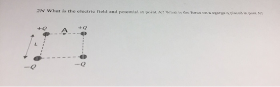 2N What is the electric field and potential at point A? What is the force on a cgarge placed at pom A +0