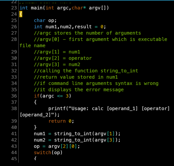----- - -- - - --- - - -- - - - int main(int argc, char* argv[]), Y char op; int num1, num2, result = 0; //argc stores the nu