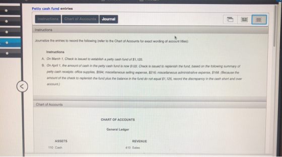 Petty cash fund entries Instructions Chart of Accounts Journal Instructions Joumalize the entries to record the following ref